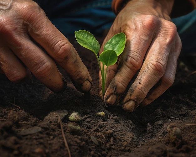 Le mani dell'agricoltore piantano le piantine in un primo piano IA generativa