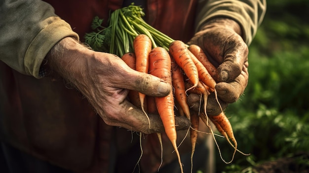 Le mani dell'agricoltore tengono le carote Agricoltura giardinaggio coltivazione di verdure create con la tecnologia Generative AI