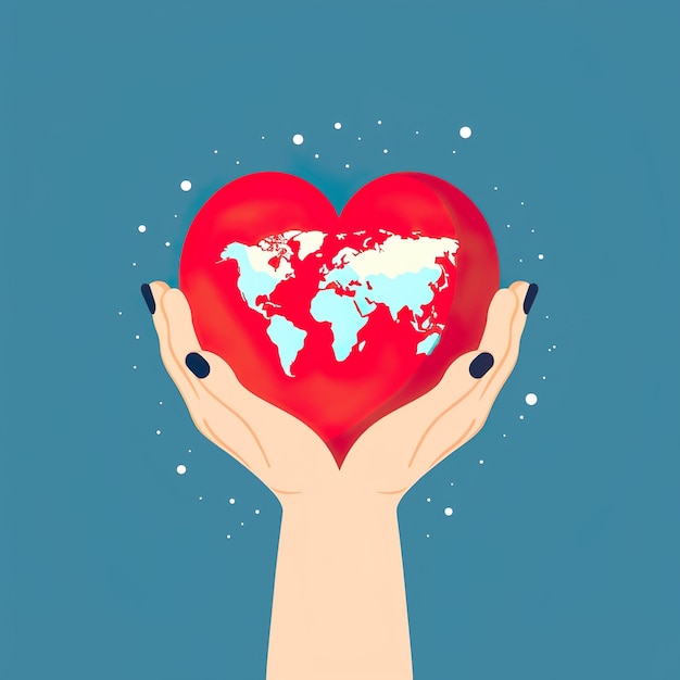 Le mani dell'illustrazione della Giornata mondiale del cuore tengono l'illustrazione vettoriale della mappa del mondo a forma di cuore