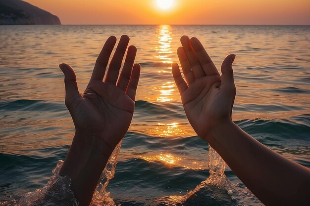 Le mani dell'uomo portano un sole alle mani della donna in un bellissimo tramonto sul mare Adriatico Foto a colori verticale