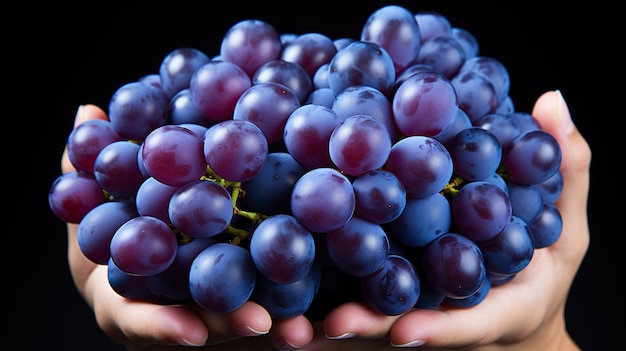 Le mani dell'uomo tengono in primo piano un grappolo di uva nera