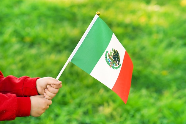 Le mani della bambina tengono la bandiera del Messico