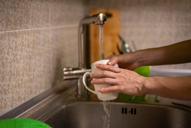 Le mani della donna che lavano la tazza bianca nel lavandino Lavori domestici nel concetto di cucina Lavastoviglie