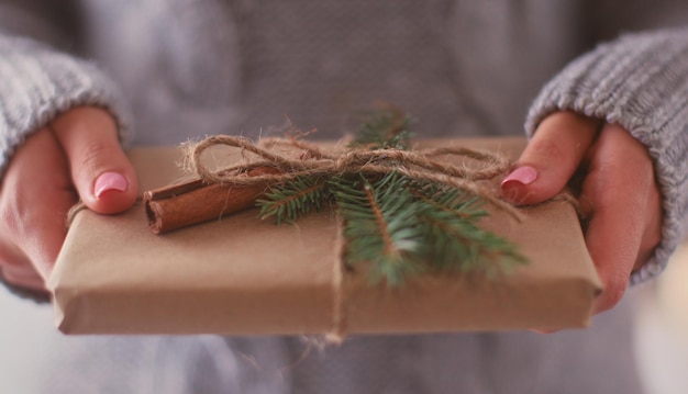 Le mani della donna che tengono il contenitore di regalo di natale Natale