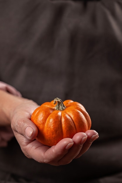 Le mani della donna che tengono zucca.