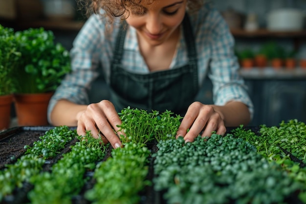 Le mani della donna crescono microgreen in cucina