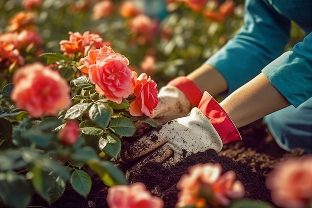 Le mani della donna in guanti che piantano fiori