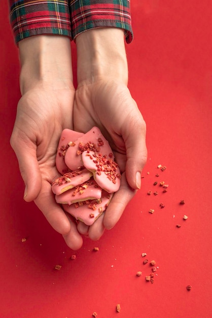 Le mani della donna tengono biscotti a forma di cuore con bacche secche per San Valentino, fuoco selettivo