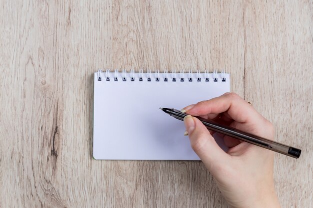 Le mani della giovane donna tengono le pagine aperte del taccuino con la penna nera sulla tavola di legno