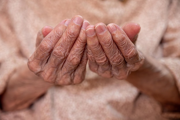 Le mani della vecchia pregano per Dio alzando le mani