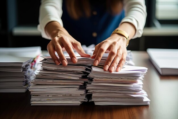 Le mani delle donne che lavorano in pile di documenti per la ricerca e il controllo dei documenti raggiungono un'ai generativa