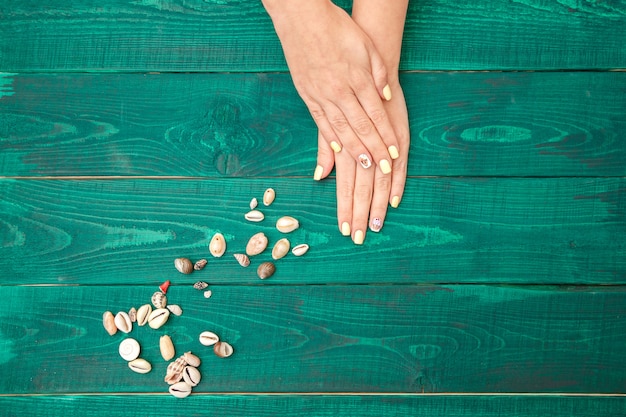 Le mani delle donne con una bella manicure su uno sfondo verde. la vista dall'alto