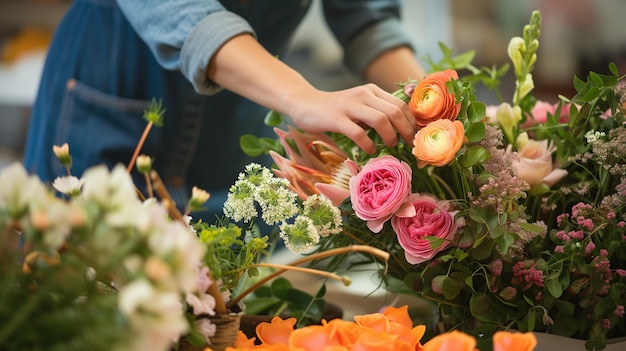 Le mani delle donne creano un bouquet di bottiglie e vegetazione decorativa