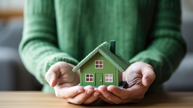 Le mani delle donne tengono delicatamente un modello di casa in miniatura che simboleggia la proprietà di una casa o di un immobile