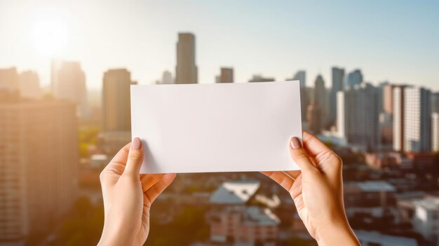 Le mani delle donne tengono una carta bianca vuota sullo sfondo di una metropoli con grattacieli