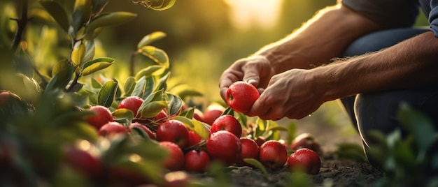 Le mani delle persone che si prendono cura e raccolgono le mele che sono state create da un'AI generativa realistica