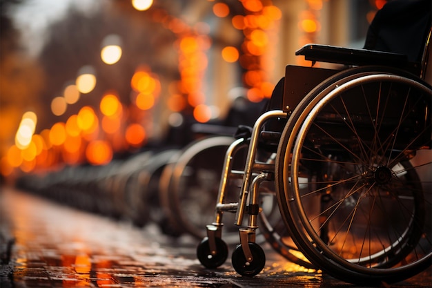 Le mani delle persone disabili sulle ruote della sedia a rotelle significano empowerment e determinazione