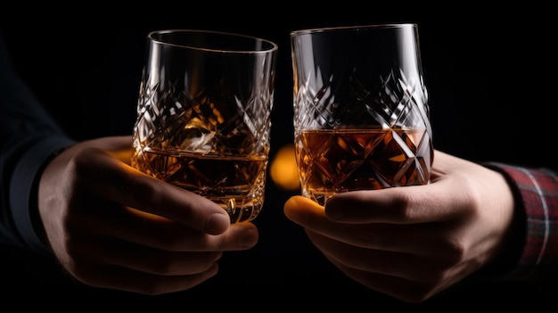 Le mani delle persone sono coniate con bicchieri di whisky Illustration AI GenerativexA