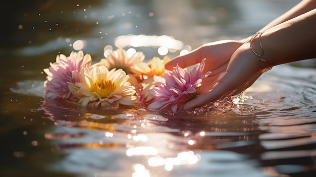 Le mani delle ragazze rilasciano fiori sacri nell'acqua