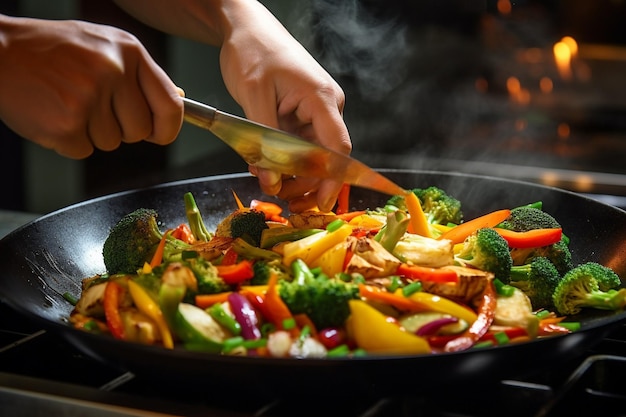 Le mani dello chef che aggiungono il tofu a una frittata frizzante