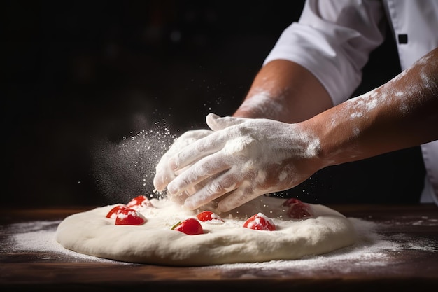 Le mani dello chef lanciano l'impasto della pizza in aria