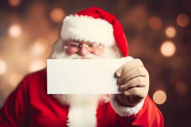 Le mani di Babbo Natale tengono un foglio bianco in un'atmosfera festosa Copia lo spazio per il tuo testo Sfondo di Natale con spazio vuoto Babbo Natale Buon Natale Capodanno AI generativa