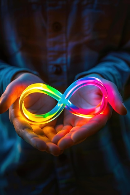 Le mani di un bambino che tengono attentamente un simbolo dell'infinito color arcobaleno luminoso