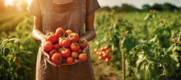 Le mani di un contadino che ha attraversato le intemperie cullano un vivace pomodoro maturo appena raccolto dal ricco raccolto che mostra l'apice dell'agricoltura biologica