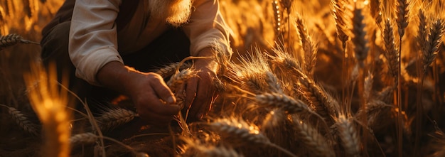 Le mani di un contadino che versano il grano al tramonto