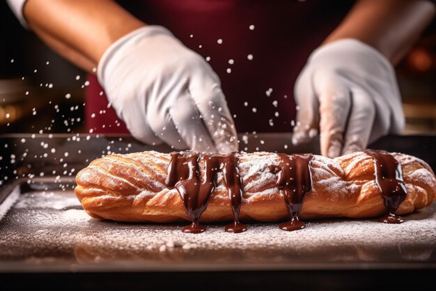 Le mani di un fornaio spruzzano la polvere di cacao su un lotto di eclairs