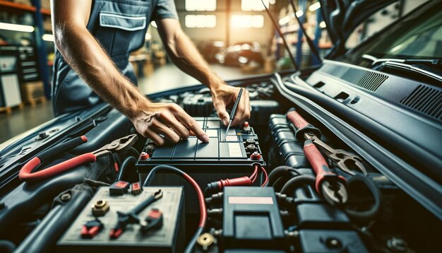 le mani di un meccanico automobilistico che lavora a riparare e mantenere la batteria elettrica di un'auto