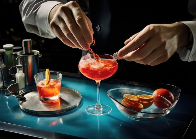 Le mani di un mixologist sovrappongono delicatamente gli ingredienti di un cocktail Aviation per un effetto visivo