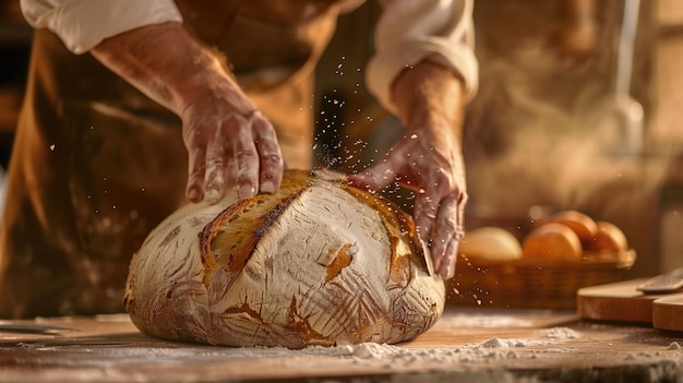 Le mani di un panettiere polverizzano la farina su un pane fresco e croccante su una superficie di legno