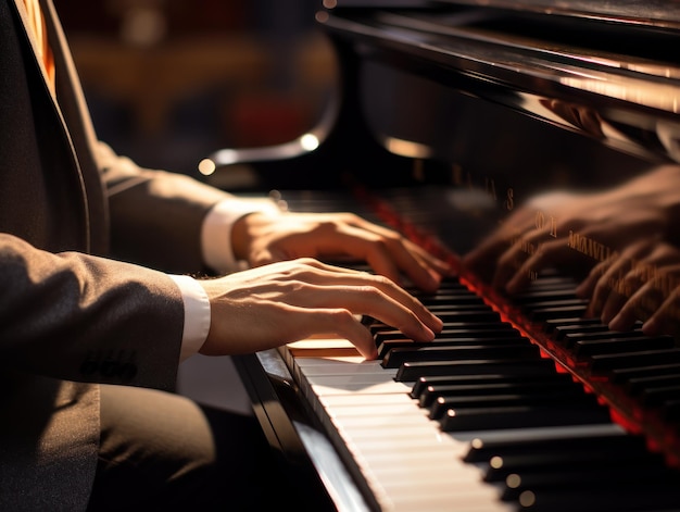 le mani di un uomo che suona il pianoforte in uno spettacolo