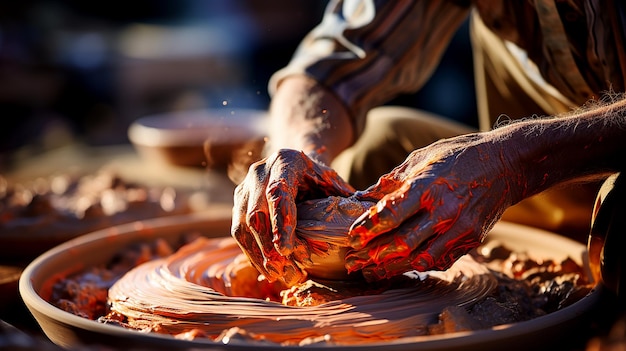 Le mani di un vasaio che modellano l'argilla in una macrofotografia dettagliata