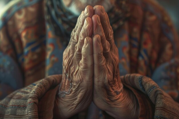 Le mani di un vecchio mostrano gratitudine e fede nella religione.