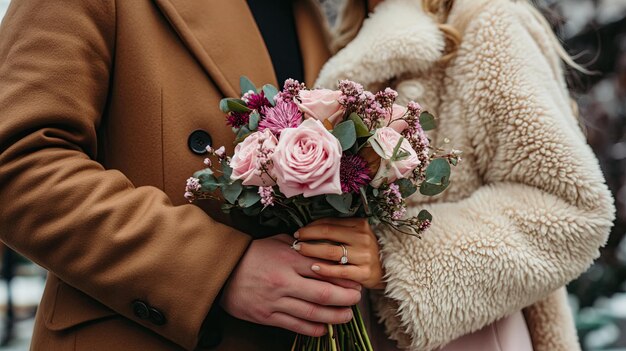 Le mani di una coppia con un anello di fidanzamento e un bouquet Un uomo e una donna con un cappotto