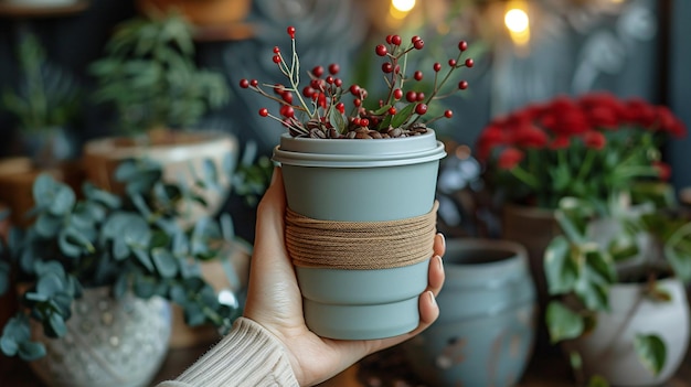 Le mani di una donna afferrano una tazza di caffè riutilizzabile che promuove un modo di vivere sostenibile e rispettoso dell'ambiente