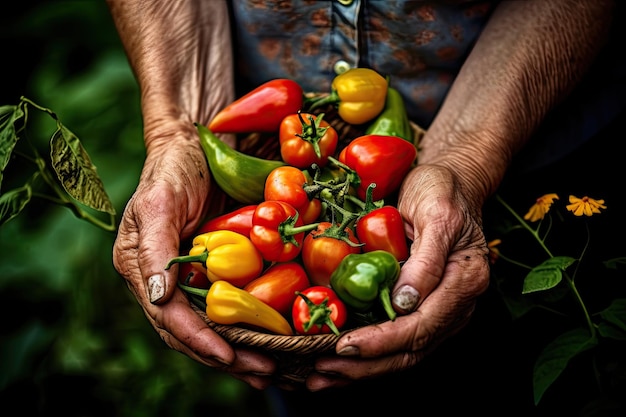 Le mani di una donna anziana con il suo raccolto di verdure da giardino prodotti naturali come base di