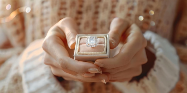 Le mani di una donna che tiene una scatola di anelli di diamanti con anticipazione