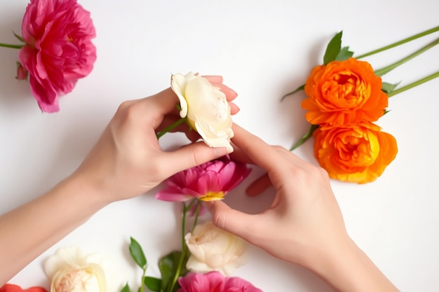 Le mani di una donna stanno pulendo una composizione floreale con fiori arancioni e gialli.