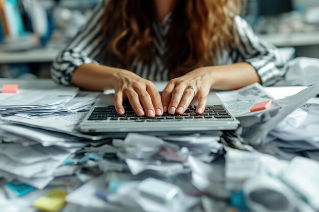 Le mani di una persona che cerca disperatamente di lavorare su una tastiera sepolta sotto una montagna di documenti disorganizzati che simboleggiano l'estrema sovraccarica di lavoro