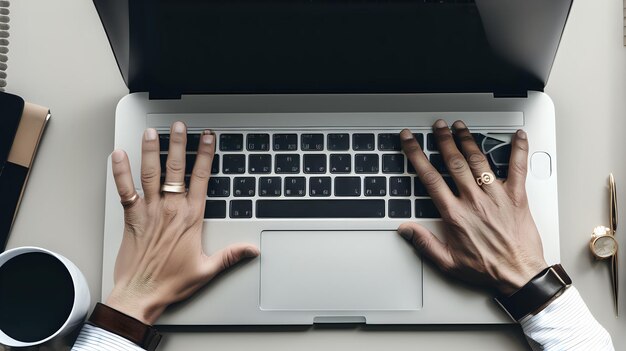 Le mani di una persona che navigano su un touchpad portatile in uno spazio di coworking pulito e moderno