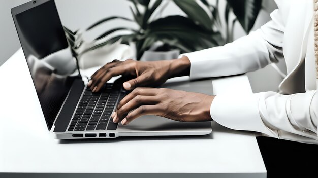 Le mani di una persona che navigano su un touchpad portatile in uno spazio di coworking pulito e moderno