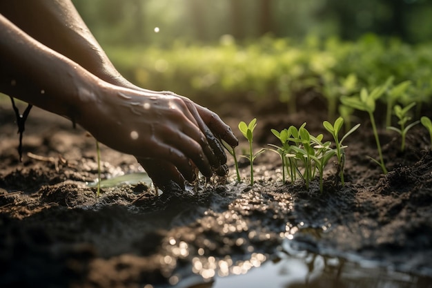 Le mani di una persona stanno piantando piantine in una pozzanghera fangosa.