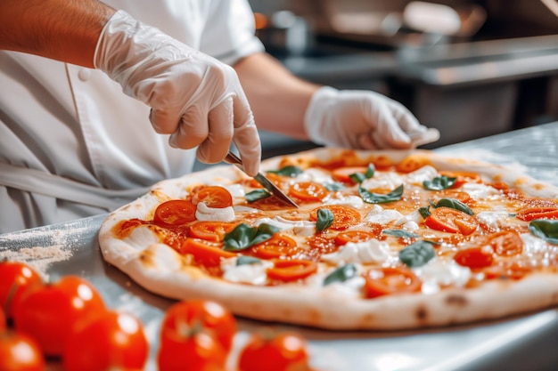 Le mani di uno chef con i guanti bianchi che decorano la pizza con i pomodori