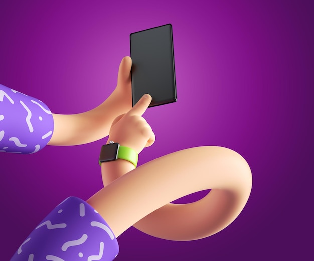 le mani disossate flessibili tengono gli oggetti dello smartphone isolati su sfondo viola