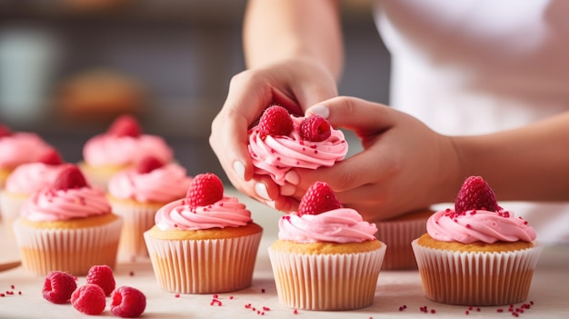 Le mani esperte di una pasticciera sono al lavoro decorando cupcakes con lamponi