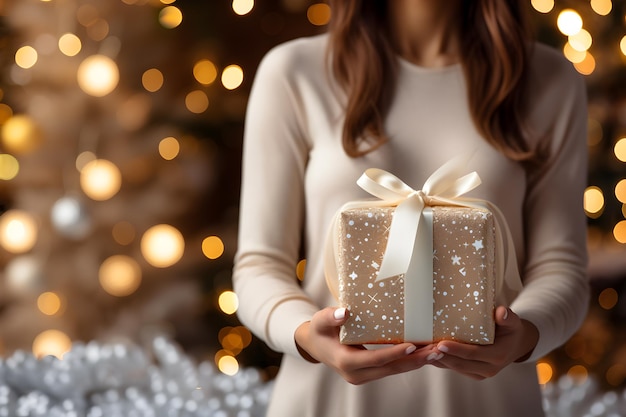 Le mani femminili tengono il contenitore di regalo di natale o del nuovo anno sul fondo del boke