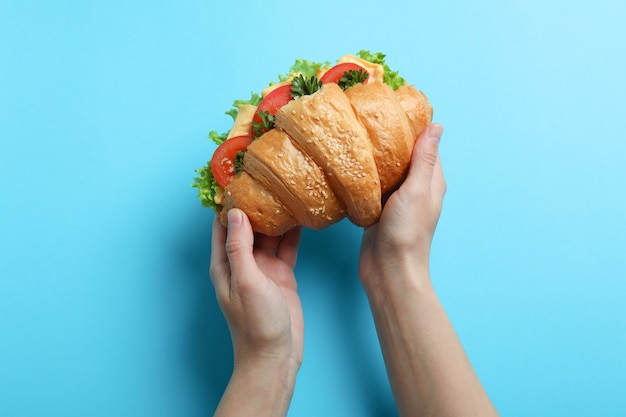 Le mani femminili tengono il panino del croissant sul blu